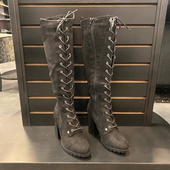 Black Lace Up Heeled Boots
